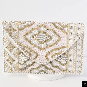 Lulus NWT Etched in Stone Cream Beaded Clutch Bag